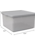 Straight Up Essential Stackable Medium Storage Bins With Secure Lids Hella Neat Gray Plastic Organizer Box For Clothes And Toys, dimensions 12.4x11.9x6.4 inches.