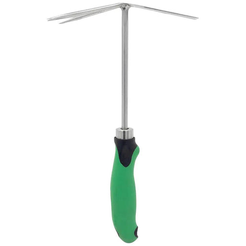 Shrub Rake Hoe Fork Combo Stainless Steel 12-Inch Garden Tool For Weeding And Landscaping with green handle