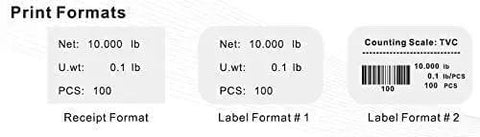 Print formats for TVC-60 Built Tough Pro Grade Counting Scale showing receipt and label formats with weights and quantities.