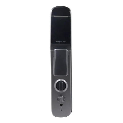 Fully Automatic Smart Door Lock Offering Slick 3D Fingerprint Recognition And Instant Remote Video Chat For Dead Simple Secure Entry Using Passcodes Swipe Cards Standard Keys, sleek design with aluminum alloy finish.