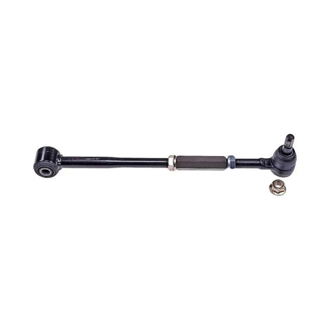 Brand New Steel Lateral Arm For Scion tC Fits 05 To 10 Model Year Cars Perfect Bolt On Replacement With Taper Ball Joint Stud And Rubber Bushing Tubular Design To Fix Suspension Issues Fast. Black steel lateral arm with rubber bushing and ball joint stud, shown with nut.