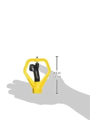 Ten Pack Heavy Duty Spinning Head Sprinklers With One Half Inch Pipe Threads For Sick Garden Coverage And Forty Foot Diameter Full Circle Water Spray Built Tough From Impact Resistant Abs Plastic For Hassle Free Smart Controller Hookup And Nursery Care shown in hand for scale.