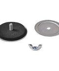 Knockout seal set: 1-inch gray-painted steel parts with foam gasket, threaded stud, round plate, and clip (front view).