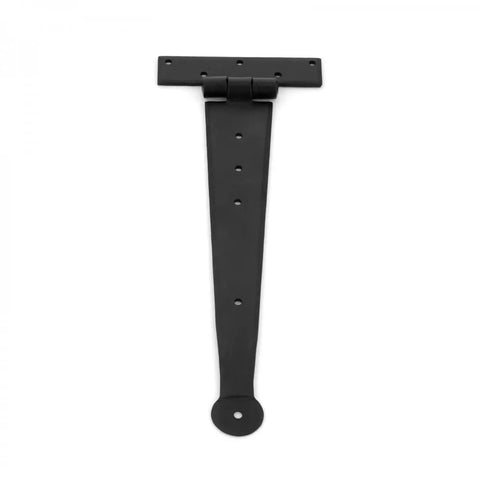 12 Inch Black Iron T Strap Hinge For Indoor Outdoor Use, Rust Resistant Powder Coated Bean Tee Hinge in vertical position