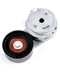 Mopar belt tensioner pulley with silver housing and black ribbed pulley, red bearing center