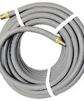 Heavy Duty Gray Rubber Air Hose Extends 100 Feet With Rock Solid 300 Psi Rating Quick Connect Push Style Fittings And Quarter Inch Male Npt Ends Built For Zero Fuss Job Site Install Any Day coiled on a white background.