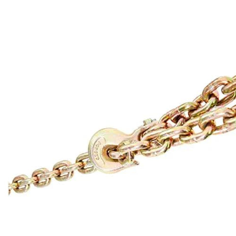 Close-up of Three Eighths Inch 20 Foot G80 Tow Chain With Grab Hooks Galvanized Manganese Steel 7100 Lb WLL DOT Certified Two Pack