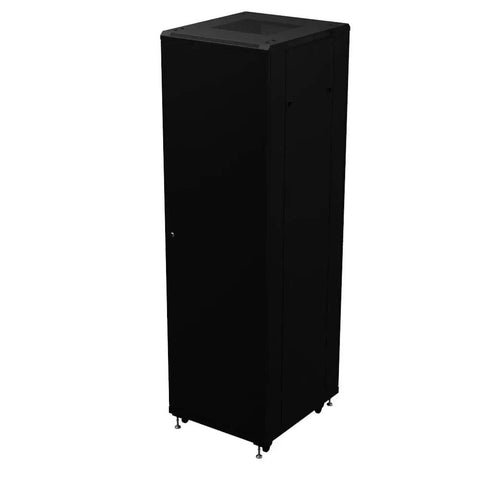 Tough As Nails 42U Network Cabinet 19 Inch AV Server Rack with smooth rolling casters, black, side view, lockable security door.
