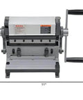 8 Inch 3 In 1 Metal Brake Shear Roll Machine for 20 Gauge Steel Burr Free Cutting and Cone Rolling, front view with measurements