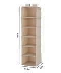 6 Shelf Hanging Closet Organizer With Durable Canvas Storage For Shoes Clothes And Accessories Beige, 42in tall and 11.5in wide.