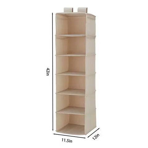 6 Shelf Hanging Closet Organizer With Durable Canvas Storage For Shoes Clothes And Accessories Beige, 42in tall and 11.5in wide.