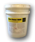 Rock Solid And Hella Durable Single Component Polyurethane Concrete Floor Sealer With UV Stain Resistant Aliphatic Urethane For Top Shelf Clear Protective Finish On Garage Slabs And Microtoppings Five Gallons in a white bucket.