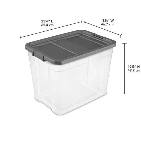 Tackle The Mess Fast With This Beast Mode 108 Quart Stackable Storage Bin with gray lid, measuring 25.75" L, 18.875" W, 19.75" H.