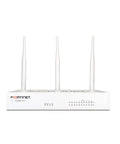 Heavy Duty Enterprise Network Security Appliance Running No Nonsense Unified Threat Protection On Continuous FortiCare Support For Bulletproof Wireless Connectivity Anytime You Need It, front view, with three antennas.
