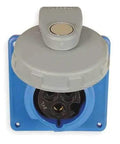 Heavy Duty IEC Pin And Sleeve Receptacle Offering 20 Amp And 250 Volt Capacity Built Like A Tank For Rock Solid Industrial Electrical Hookups With Straight Shooting Wiring Performance. Top view of blue receptacle with gray cover.