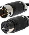 Heavy Duty 100 Ft Power Extension Cord With 50 Amp Twist Lock Connectors showing Hubbell connectors for reliable power supply.