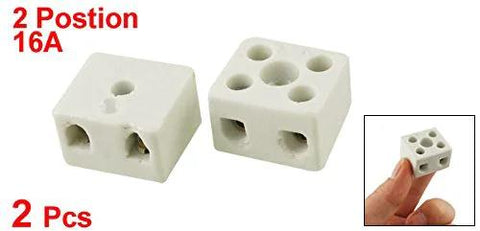 Front view of two white ceramic 2-position 16A terminal blocks for electrical wiring (2 pcs)