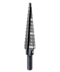 Step Drill Bit No 1 For Cordless Drills At Turbo Speed From One Eighth Inch To One Half Inch With Visible Size Marks Durable Dual Flute And Secure Three Flat Grip Milwaukee close-up view