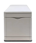 Front view of 130 Gallon Desert Sand Deck Box With Weatherproof HDPE Construction, showing smooth exterior and secure lid.