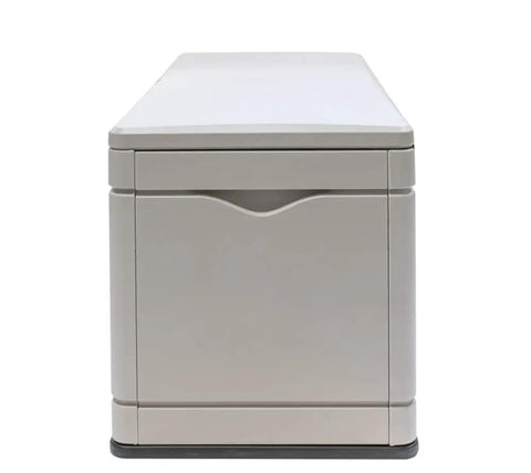 Front view of 130 Gallon Desert Sand Deck Box With Weatherproof HDPE Construction, showing smooth exterior and secure lid.