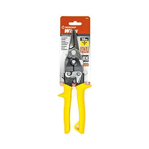 Crescent Wiss MetalMaster snips, 9-3/4 in, compound-action, yellow-handled, straight/left/right cuts.