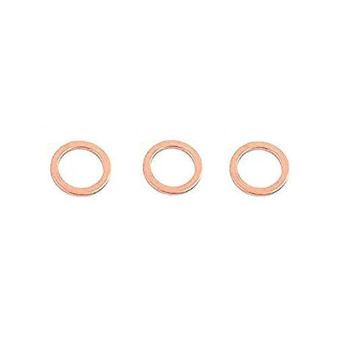 Three copper M10 flat washer sealing rings on white background.