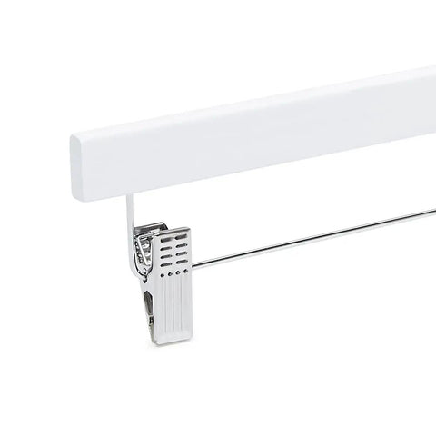 Solid Construction Wooden Pants And Skirt Hangers With Secure Grip Clips 10 Pack White Closet Organizer System To Keep Your Look Fresh And Your Setup Locked In