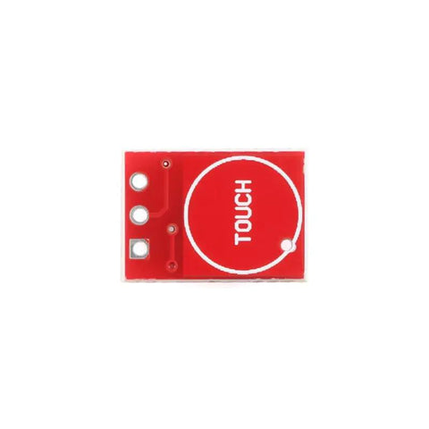 Front view of Capacitive Touch Key Module TTP223 1 Channel Sensor with red surface and white touch circle, 15x11mm