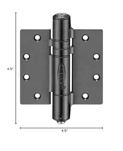 Front view of a 4.5 inch black heavy duty adjustable self-closing door hinge, fire rated and full mortise, part of a 3 Pack for everyday doors.
