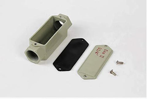 Explosion-proof junction box with green metal housing, threaded entry, cover, black gasket, and two screws