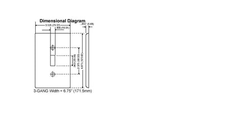 Dimensional diagram of Three Gang White Nylon Wall Plate With Two Toggle Switches And One Decorator Cutout, measuring 6.75 inches wide