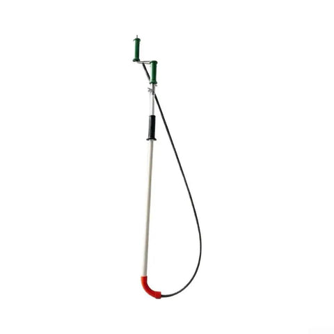 Heavy Duty Manual Toilet Auger Six Foot Steel Drain Snake With Long Handle To Burst Through Stubborn Clogs In Residential Drains And House Sewer Lines Without Any Hassle with a steel handle and red tip.
