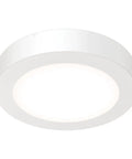 Slick 4 Inch Led Ceiling Light Low Profile Surface Mount Downlight Wet Rated Matte White Trim suited for bathrooms and closets.