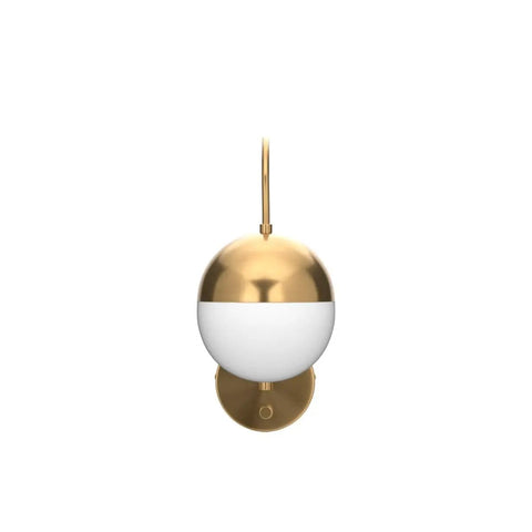 Front view of Mid Century Modern Wall Sconce With Switch Gold Brass Finish Easy Plug In Wall Light With Opal White Glass Globe