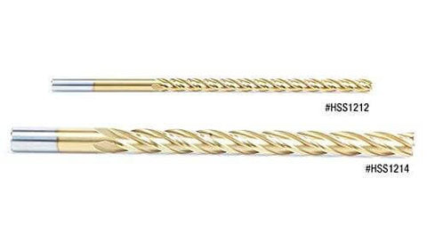 Two HSS foam-cutting end mills, 1/2 in dia, gold coating and silver shanks; labeled HSS1212 and HSS1214.