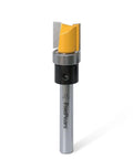 High Octane Half Inch Carbide Flush Trim Router Bit With Top Bearing Quarter Inch Shank Anti Kickback Design, metal and carbide construction.