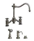 Top Shelf Kitchen Bridge Faucet With Snappy Cross Handles Solid Brass Build And Vintage Matte Antique Copper Finish detailed view.