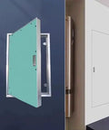 Adjustable Drywall Access Panel With Keyed Lock And Fire Rated Aluminum Shell, shown installed in a wall for easy access.