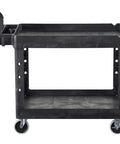 Side view of Two Shelf Foam Utility Cart With Lipped Shelves And Ergonomic Handle Black 500 Lb Capacity Durable Rolling Cart