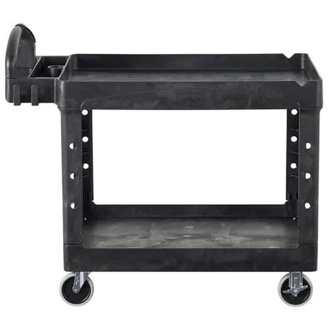 Side view of Two Shelf Foam Utility Cart With Lipped Shelves And Ergonomic Handle Black 500 Lb Capacity Durable Rolling Cart