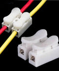 100 Piece CH2 Quick Connector Cable Clamp Terminal Block Push Type Spring Wire LED Kit For Easy Electronics Wiring Supports 0.5 To 2.5 Mm2 Wire Less Than 250V And 10A Durable PP PE Retardant Plastic shown with red and yellow wires connected.