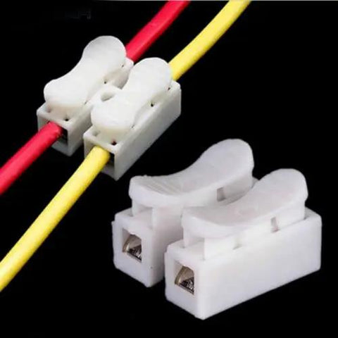 100 Piece CH2 Quick Connector Cable Clamp Terminal Block Push Type Spring Wire LED Kit For Easy Electronics Wiring Supports 0.5 To 2.5 Mm2 Wire Less Than 250V And 10A Durable PP PE Retardant Plastic shown with red and yellow wires connected.