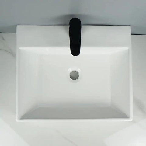 Bathroom Sink White Ceramic Balcony Wall-Mounted Sink Modern Simple Square Sink Bathroom countertop view with black faucet.