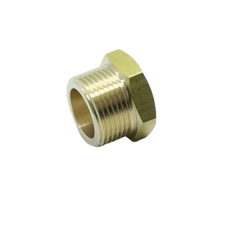 Brass pipe reducer adapter, 3/8 in NPT female to M22x1.5 male, single piece, side view