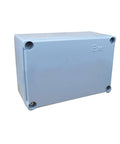 Blue aluminium explosion-proof junction box, 300×200×150mm, front-left view with four corner knockouts