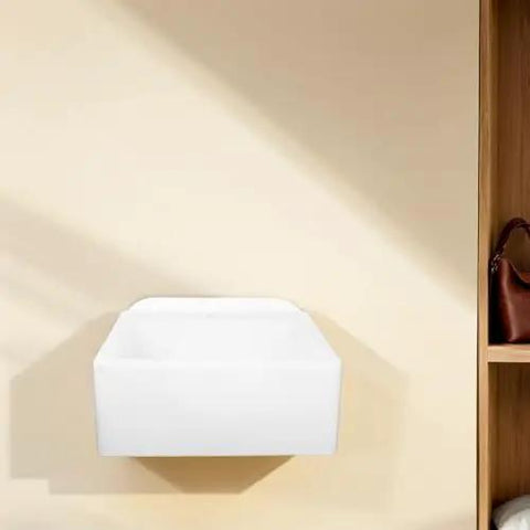 Wall Mount Sink - Lightweight Plastic Basin for Small Bathrooms, Easy No-Drill Installat, modern design mounted on beige wall.