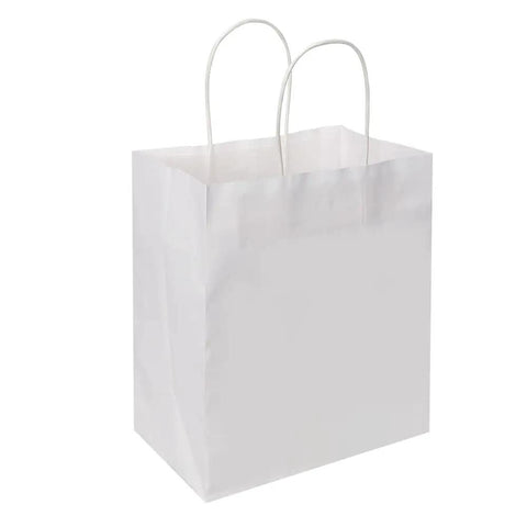 Medium White Kraft Paper Bags With Handles 8x4.75x10 Inches Bulk Pack Of 100 for birthday party favors and gifts