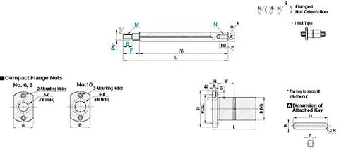 Technical diagram of Ball Splines With One End Threaded, One End Stepped And Threaded, One End Tapped, 10mm X 300mm for precision motion