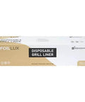 Foil Lux Disposable Grill Liners 19.7 By 12 Inch Nonstick Aluminum Grill Sheets packaging showing product dimensions and features