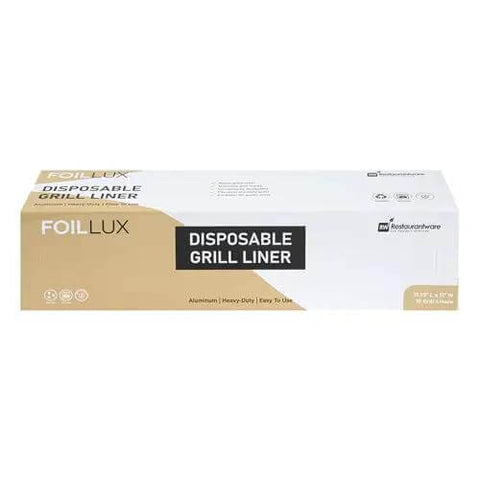 Foil Lux Disposable Grill Liners 19.7 By 12 Inch Nonstick Aluminum Grill Sheets packaging showing product dimensions and features